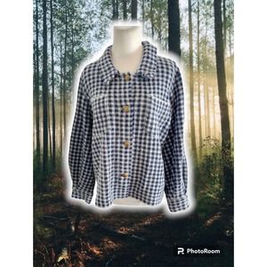 Max Studio Womens Blue White Gingham Plaid Button Up Shirt Jacket Shacket Size L